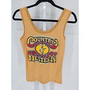 Bandit Brand Womens Sz L Knit Tank Top Country & western Gold Lace Trim